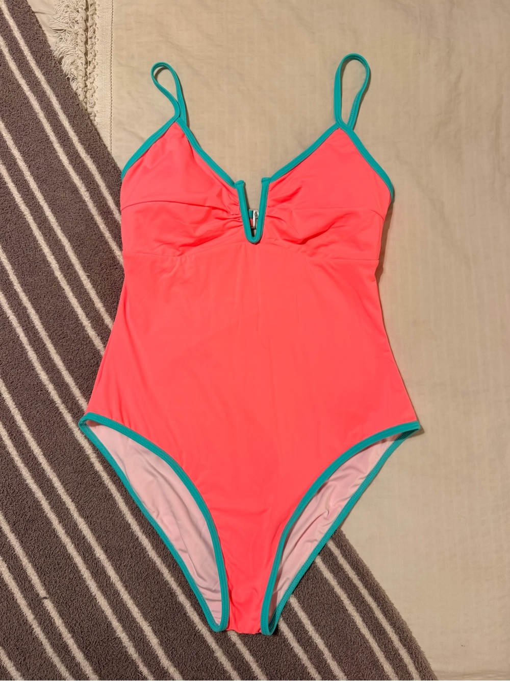 Coral One-Piece Swimsuit with Teal Trim